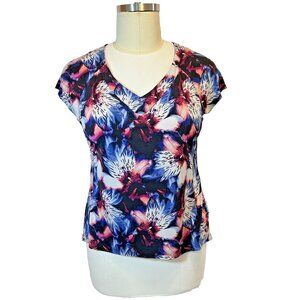 Worthington - Women's 2X Blouse V Neck Black, Blue, Wine Red Floral Cap Sleeve